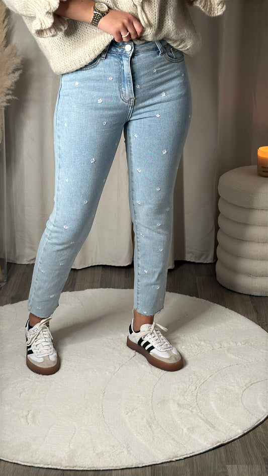 Mom fit fleurs - bleu clair